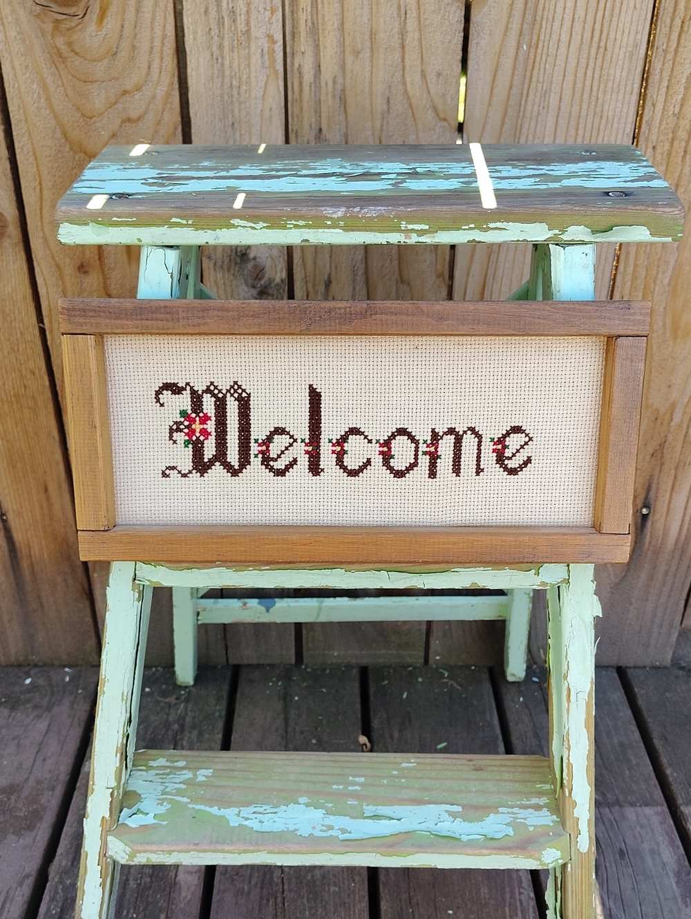 Vintage Welcome Cross-Stitch Sign in Brown and Red